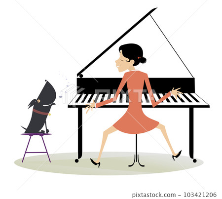 Pianist woman plays piano and the dog howls. Pianist woman plays piano and the dog howls. Isolated on white 103421206
