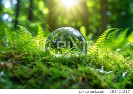 Crystal earth on green grass forest with sunlight. Save the World, earth day, ecology concept. 103421217