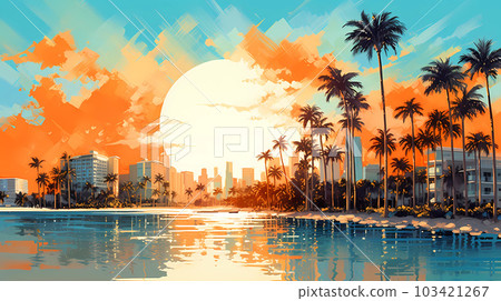 Illustration of a sunny day in an American resort town 103421267