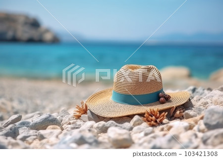 Summer composition on sandy beach with hat at blue sea as background. Summer vacation concept. 103421308