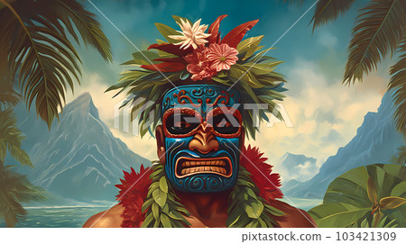 Illustration of a traditional Hawaiian mask, Hawaii, USA 103421309