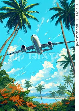 Illustration of an airplane flying to the island of Hawaii, USA Illustration of an airplane flying to the island of Hawaii, USA 103421401