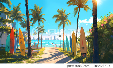 Illustration of a sunny day in an American resort town 103421423