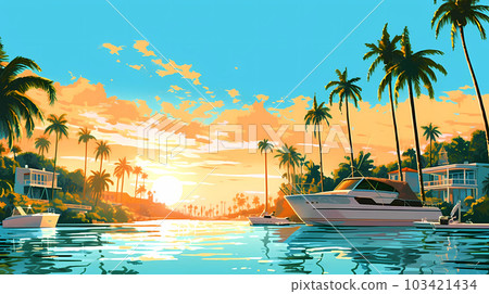 Illustration of a sunny day in an American resort town Illustration of a sunny day in an American resort town 103421434