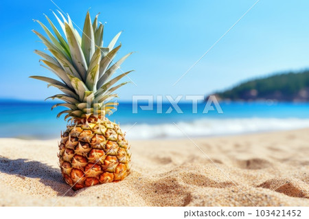 Composition summer on sand beach with pineapple , blue sea as background with copy space. Composition summer on sand beach with pineapple , blue sea as background with copy space. 103421452