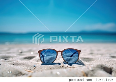 Sunglasses on sand at summer beach with sunshine holiday vacation background. Sunglasses on sand at summer beach with sunshine holiday vacation background. 103421496