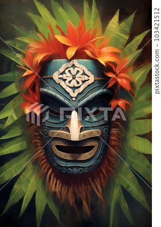 Illustration of a traditional Hawaiian mask, Hawaii, USA 103421512