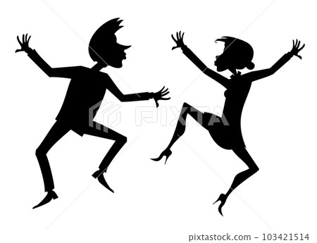 Romantic dancing young couple. Art silhouette.  Funny dancing young man and woman. Black and white 103421514
