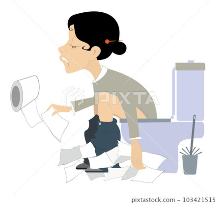 Woman in toilet. Using toilet. A young woman using a toilet with a lot of toilet papers in her hands Woman in toilet. Using toilet. A young woman using a toilet with a lot of toilet papers in her hands 103421515