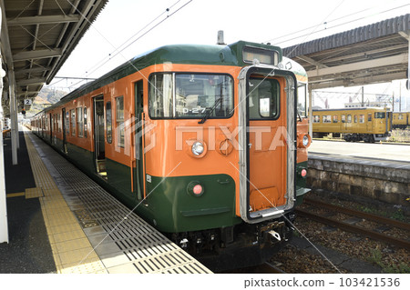 A Shonan-colored 115 series train waiting for departure at Itozaki Station 103421536