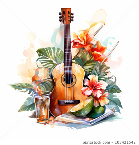 Illustration of the composition of guitar, drinks and palm leaves 103421542