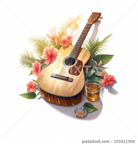 Illustration of the composition of guitar, drinks and palm leaves Illustration of the composition of guitar, drinks and palm leaves 103421568