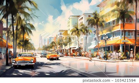 Illustration of a sunny day in an American resort town 103421594