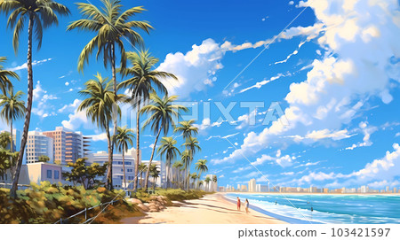 Illustration of a sunny day in an American resort town 103421597