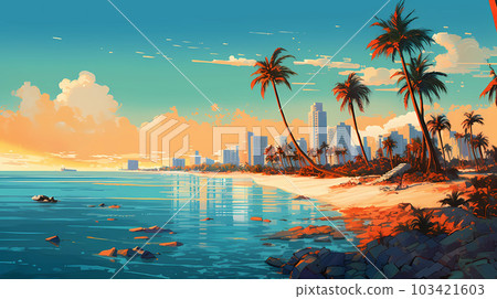 Illustration of a sunny day in an American resort town 103421603