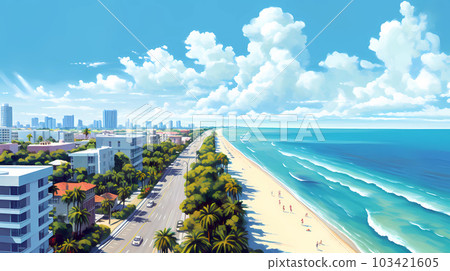 Illustration of a sunny day in an American resort town 103421605