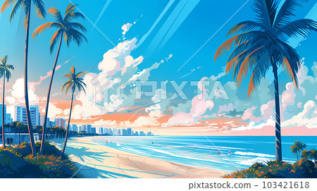 Illustration of a sunny day in an American resort town 103421618