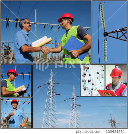Power Company Electrical Engineer and Worker at Power Substation - Electricity Distribution Collage 103421631