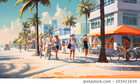 Illustration of a sunny day in an American resort town 103421639