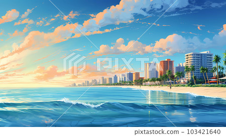 Illustration of a sunny day in an American resort town 103421640