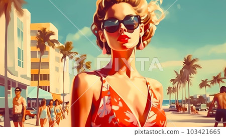 Illustration of a sunny day in an American resort town 103421665