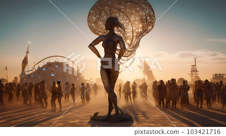 Illustration of the Burning Man Festival in the Black Rock Desert in Nevada, USA Illustration of the Burning Man Festival in the Black Rock Desert in Nevada, USA 103421716