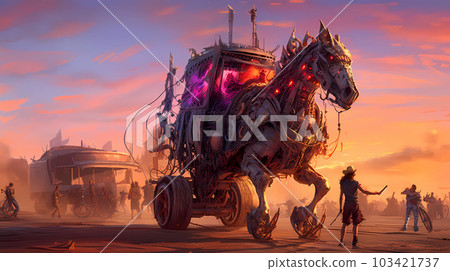Illustration of the Burning Man Festival in the Black Rock Desert in Nevada, USA Illustration of the Burning Man Festival in the Black Rock Desert in Nevada, USA 103421737
