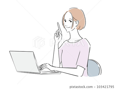 A woman explaining while working on a laptop 103421795