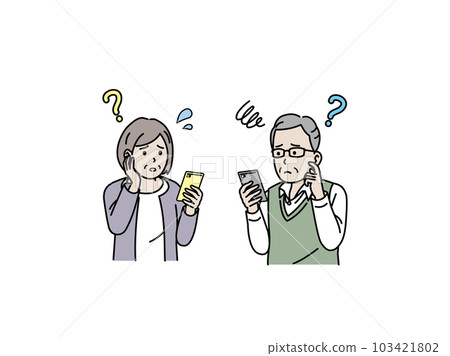 Elderly people who are in trouble because they do not understand the operation of smartphones, elderly couples Elderly people who are in trouble because they do not understand the operation of smartphones, elderly couples 103421802