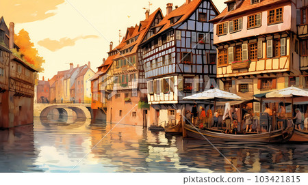 Illustration of traditional colorful half-timbered houses and a river in an old European town 103421815