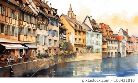 Illustration of traditional colorful half-timbered houses and a river in an old European town Illustration of traditional colorful half-timbered houses and a river in an old European town 103421816