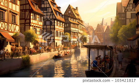 Illustration of traditional colorful half-timbered houses and a river in an old European town Illustration of traditional colorful half-timbered houses and a river in an old European town 103421817