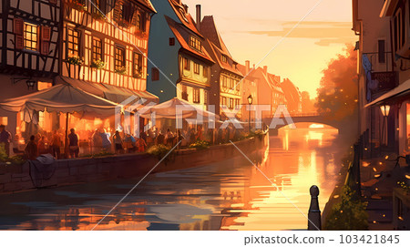 Illustration of traditional colorful half-timbered houses and a river in an old European town 103421845