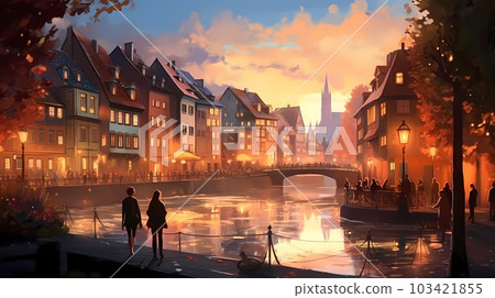 Illustration of traditional colorful half-timbered houses and a river in an old European town 103421855