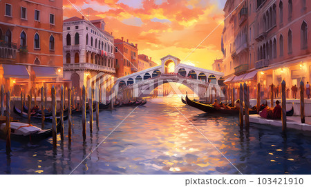 Illustration of the beautiful city of Venice. City of gondoliers, bridges, carnivals and love. Italy 103421910