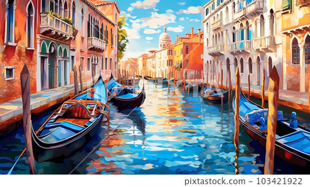 Illustration of the beautiful city of Venice. City of gondoliers, bridges, carnivals and love. Italy 103421922
