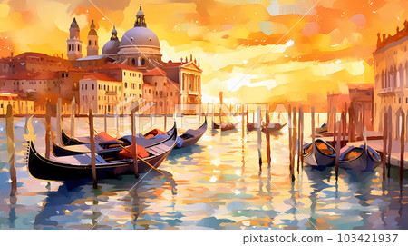 Illustration of the beautiful city of Venice. City of gondoliers, bridges, carnivals and love. Italy 103421937