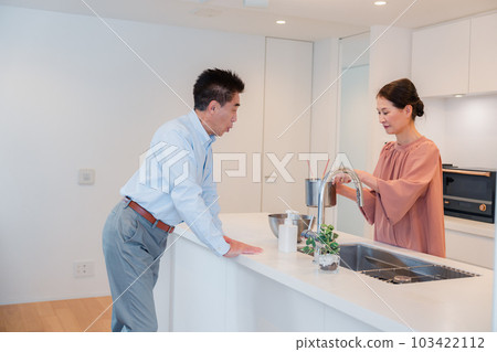 Senior couple enjoying cooking together in the kitchen Senior couple enjoying cooking together in the kitchen 103422112