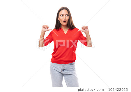 30 year old caucasian woman with straight dark hair dressed in a red shirt is inspired by an idea on 103422923