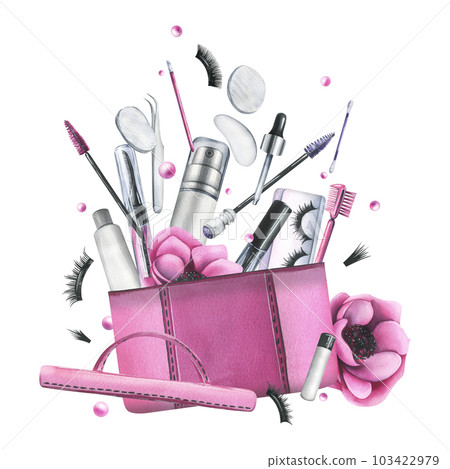 Pink cosmetic bag with anemone flowers and various decorative and skin care cosmetics. Watercolor illustration, hand drawn. Isolated composition on a white background Pink cosmetic bag with anemone flowers and various decorative and skin care cosmetics. Watercolor illustration, hand drawn. Isolated composition on a white background 103422979