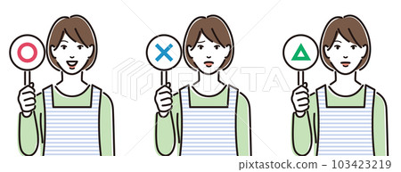 A set of women wearing aprons with round triangle cards 103423219