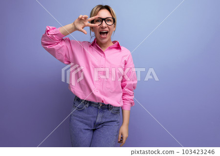 young cute friendly blond european woman model with ponytail hairstyle in stylish look consisting of young cute friendly blond european woman model with ponytail hairstyle in stylish look consisting of 103423246