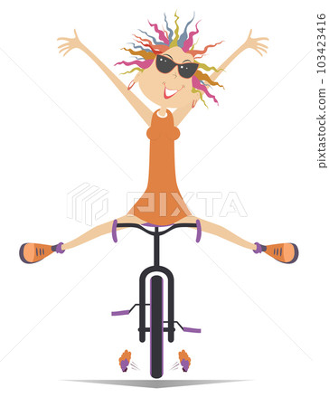 Cartoon cyclist woman rides a bike. Happy cyclist young woman in sunglasses rides a bike and raises hands and legs Cartoon cyclist woman rides a bike. Happy cyclist young woman in sunglasses rides a bike and raises hands and legs 103423416