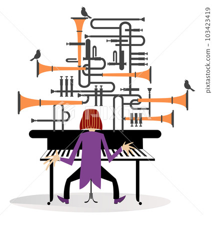 Man playing piano, organ or keyboard. Musician playing piano, organ or keyboard. Singing birds Man playing piano, organ or keyboard. Musician playing piano, organ or keyboard. Singing birds 103423419