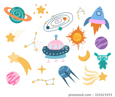 A set of space cartoon illustrations, planets and constellations. A set of space cartoon illustrations, planets and constellations. 103423455