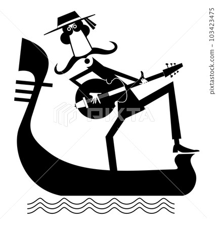 Man with guitar and gondola illustration. Funny gondolier with long mustaches rides on gondola playing guitar and singing. Black and white Man with guitar and gondola illustration. Funny gondolier with long mustaches rides on gondola playing guitar and singing. Black and white 103423475