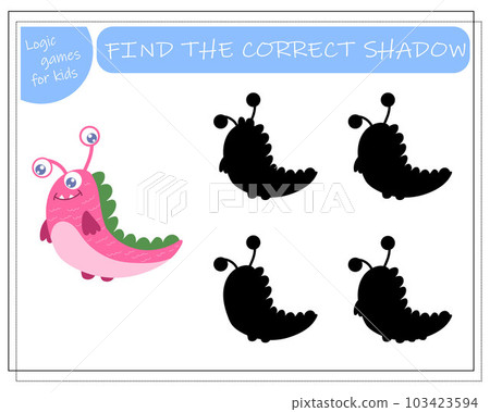 Find the right shadow, an educational game for kids, cartoon monsters, aliens in a flying saucer. Vector illustration 103423594