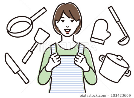 Cooking utensils and a woman in an apron full of motivation 103423609