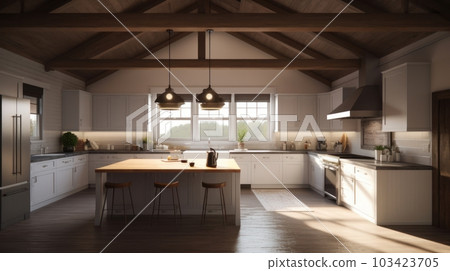 Modern spacious country house kitchen, white facades and dark countertops, wooden floors and ceiling beams, kitchen island with bar stools. 103423705