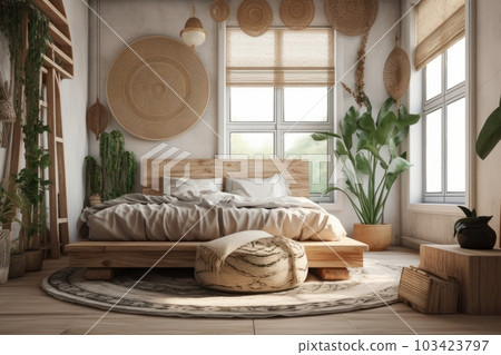 Cozy rustic bedroom with boho ethnic decor. Large windows. Double wooden bed  with many pillows and handmade textiles. Wooden furniture. Plants in the  interior. Nobody. Large windows in appartment. Stock Photo